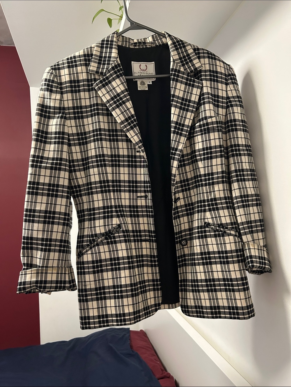 Vintage ALFRED SUNG Black and Cream Plaid Blazer